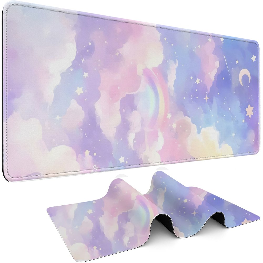 Pc Gaming Cloud - Pastellfarbenes Regenbogen-Wolken-Sterne-Gaming-Mauspad, Gummi-Schreibtischunterlage für PC und